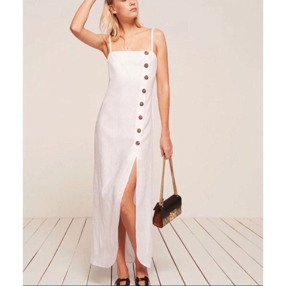 Reformation White Linen Blend Tortoise Button Maxi Dress Women's Sz 2 NWT